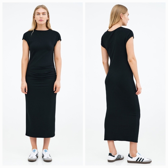 Marcella Ingrid Solid Black Ruched Waisted Short Sleeve Midi Dress size XL - Picture 1 of 14